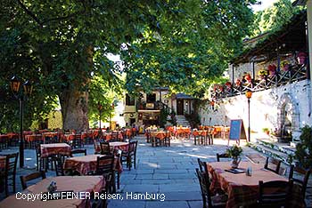 Der Dorfplatz von Vyzitia im Pilion auf der Mietwagenrundreise