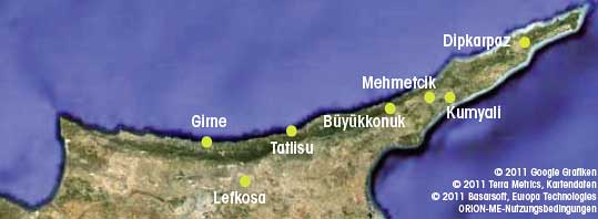 Kartenausschnitt zu den Unterk&uuml;nften auf der Karpaz-Halbinsel